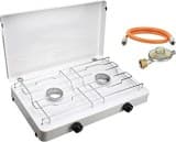 CFH Zweiflammkocher Capri ZK 421 – Camping Gaskocher 2-flammig mit 50 mbar Gasdruckregler & 80 cm Gasschlauch, 3,8 kW Leistung, 277 g/h Verbrauch, abnehmbarer Deckel & verchromter Rost, Made in Europe