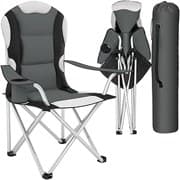 tectake® Campingstuhl mit Getränkehalter, Angelstuhl faltbar, Gartenstuhl mit Armlehnen, gepolsterter Klappstuhl, Campingstuhl faltbar, Tragetasche, für Camping Strand Garten Terrasse - grau
