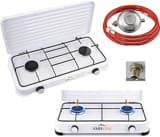 SMH LINE® Gaskocher Campingkocher 2 flammig inkl. Schlauch und Regler 50 mbar Gas Propangas 4,4 KW Kochfeld Camping Gasflasche Herd Outdoor Kocher Tischkocher XL