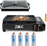 ZMC 2-in-1 Gasgrill & Campingkocher 2,2 kW mit Piezo-Zündung inkl. 4x 227g Gaskartuschen & LPG Adapter – tragbarer Tischgrill mit Grillplatte & Pfanne mit Glasdeckel für Camping, Balkon & Outdoor BBQ