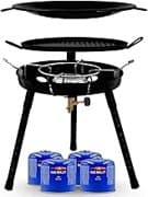 Gasgrill mit Pfanne & Wok + 4 Kartuschen (300g) | für Schraubgaskartuschen | Auseinanderschraubbar | Campinggrill, Party-Grill für Camping, Festivals & Outdoor (Gaskocher + 4 Kartuschen)