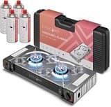 Gaskocher 2-flammig mit Piezozündung - Campingkocher für Gaskartuschen MSF-1a 227g - Camping Gaskocher für Campinggaz - Campingkocher 2 flammig - Campinggaskocher - Camping Herd + 4 Gaskartuschen