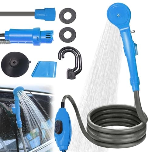 PORFOYO Campingdusche Camping Dusche, 12V Tragbare Campingdusche mit Handbrause und Schlauch, Campingdusche mit Pumpe, Campingdusche Tauchpumpe für Wandern, Camping, Reisen, Strand, Haustier (Blau)