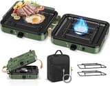 2-Flammig Campingkocher Gas Faltbar, Camping Gaskocher Herd mit Zünder & Tragetasche für Outdoor-Kochen, Campingplatz, Gartenparty, Grillabend, Picknick, Festival-Camping, Vanlife (ohne Grillplatte)