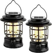 2 Stück LED Campinglampe Solar, Stufenlos Dimmbar Campinglampe Aufladbar USB, Retro LED Camping Laterne Warme Campinglaterne Akku, Tragbar Zeltlampe IPX4 für Notfall, Zelt, Wandern, Garten (Schwarz)