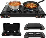 Campingkocher Gaskocher 2-Flammig mit Grillplatte & Tragetasche, Outdoor Gas Stove Tragbarer Gasherd Camping, 2500W pro Brenner, Eingebautes Überdruckschutzventil, Piezozündung