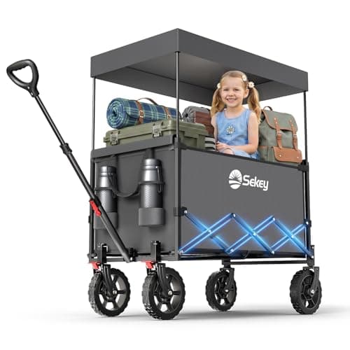 Sekey XXL Bollerwagen Faltbar Kinder 150L 150KG, Faltbarer Bollerwagen mit Dach Klappbarer Handwagen mit Sonnenschutz für Ausflug Strand Camping, S4018, Grau