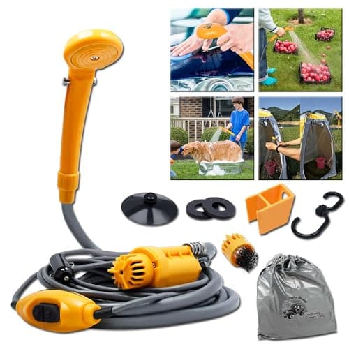 XMTECH 12V Campingdusche Duschkopf mit Pumpe, Camping Dusche Mobiler Duschen Outdoordusche inkl. Schlauch und Stromkabel, Caravan Autodusche für Camping Garten Reisen Autowäsche
