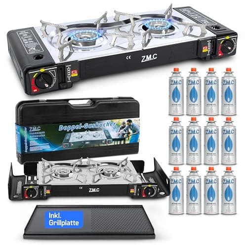 Z.M.C Gaskocher 2-flammig 2x 2,5 kW | LPG Adapter + Aufbewahrungskoffer | Campingkocher mit Piezozündung | Optional mit Grillplatte & Gaskartuschen 227g | Outdoor & Innenraum