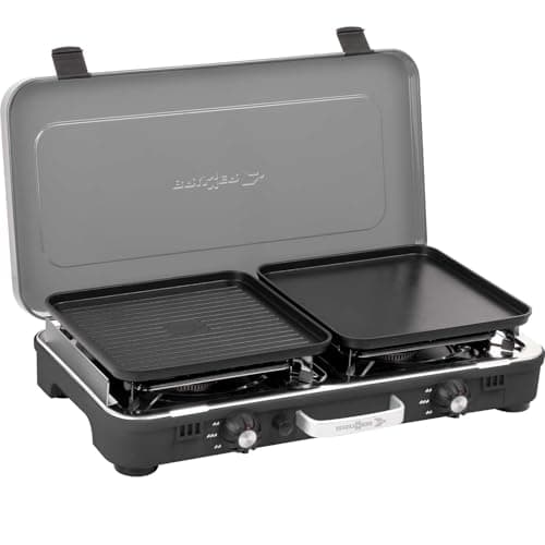 BRUNNER: 2-in-1 Tisch Camping-Kocher 2-flammig Edelstahl Gasgrill & Gaskocher - POWERKOOK 50mbar mit Grillplatten - mit Gasregler + Gaschlauch