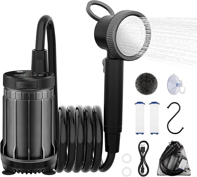 Uplayteck Campingdusche mit Pumpe, 8000mAh Outdoor Campingdusche mit Akku, IPX8 Wasserdicht Mobile Dusche Set mit Duschkopf und 2M Schlauch, Tragbare Duschen für Camp, Reisen, Strand