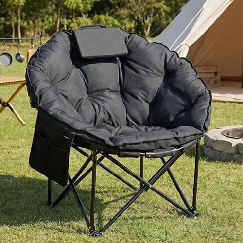LIFERUN Moonchair Luxus 150KG, Campingsessel rund Dick Gepolstert, Campingstuhl Faltbar, Outdoor Stuhl mit Lagerungstasche, AntiRutsch-Füße, Kopfstütze, Seitentasche, für Garten,Angeln,Strand,Schwarz