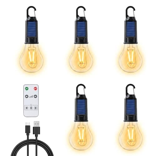 5 Stück LED Campinglampe Aufladbar - Tragbare Campinglampe mit Karabiner, Solar Camping Lampe, 3 Helligkeitsmodi Zeltlampe, Aufladbare Glühbirne mit Fernbedienung für Camping, Stromausfall, Notfall
